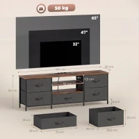 HOMCOM Meuble TV 140 cm, meuble télé 65 pouces, station de charge, 5 tiroirs en tissu, étagères ouvertes, 140x30x50cm, marron(m-3)