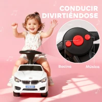 HOMCOM Coche Correpasillos para Niños de 18-36 Meses con Faros Música Bocina Volante Espacio de Almacenaje y Asa Blanco(m-9)