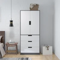 HOMCOM Armoire chambre penderie avec 2 portes à fermeture douce, 3 tiroirs et barre de suspension, 80x50x180cm, gris et blanc(m-7)