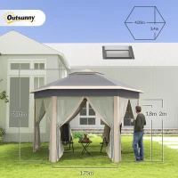 Outsunny tuinpaviljoen opvouwbaar tuinhuisje 4 x 4 m pop-up tent partytent incl. draagtas 6 zijpanelen dubbel dak zeshoekig beige + kaki(m-3)