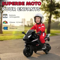 AIYAPLAY Moto électrique enfants, moto à batterie 6 V avec effets lumineux et sonores, roues d'entraînement, 75x36x49cm, noir(m-4)