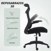 HOMCOM Silla de Oficina Ergonómica Giratoria de Malla con Soporte Lumbar Reposabrazos Abatibles Reposacabezas Basculante Negro(m-6)