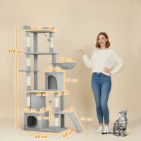 PawHut Arbre à chat tour de jeux 7 poteaux à griffer 3 platesformes 2 niches tunnel hamac et 2 pompons 170 cm gris foncé(m-3)