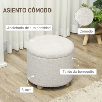 HOMCOM Puff Almacenaje Baúl de Almacenaje Redondo 40,5L 45x45x41 cm Tapizado en Borreguillo con Patas de Madera Blanco(m-5)