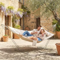 Outsunny Hamac Outdoor 200x140cm, hamac double à deux couches avec appui-tête poche pour magazines barres en bois jusqu'à 200kg(m-2)