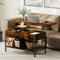 HOMCOM Table basse relevable et extensible, table de salon avec compartiment caché étagères ouvertes, 98x49x55cm, brun rustique(m-10)