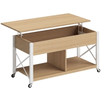 HOMCOM Mesa de Centro Elevable con Ruedas Mesa de Salón con Compartimento Oculto Estantes Abiertos Madera Natural y Blanco