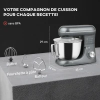 HOMCOM Robot pâtissier 1300 W, robot pétrin professionnel 4,5 L, bol d'acier inoxydable, 6+P vitesses et pulse, argent(m-3)