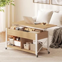 HOMCOM Mesa de Centro Elevatória com Rodas Compartimento Oculto e Prateleiras Abertas 105x50x67 cm Madeira e Branco(m-9)