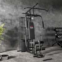 HOMCOM Gym Krachtstation Fitnessstation Multigym Fitnesscentrum Fitnessapparatuur incl. gewichten Latzug Beincurl Metaal PU-kunstleer zwart 150 x 110 x 210 cm(m-11)