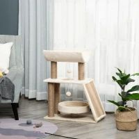 PawHut Arbre à chats design cosy chic multi-équipements centre d'activités griffoirs grattoir plateformes lit jeu boule suspendue en bois et peluche courte sisal 60 x 30 x 76 cm brun clair(m-10)