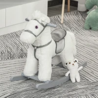 HOMCOM Cheval à bascule bébé de 18 à 36 mois en bois avec effet sonore ours en peluche gratuit 65 x 26 x 55 cm blanc(m-2)