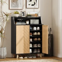 HOMCOM Zapatero Entrada Recibidor con 2 Puertas Estantes Ajustables y Compartimento Abierto 75x35x104 cm Negro y Natural(m-2)