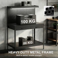 HOMCOM Banc de lucru 110 cm cu panou perforat, banc robust cu șină de prize și iluminare LED, Negru(m-4)