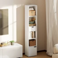 HOMCOM Libreria a 6 livelli, regolabile su 3 posizioni, con cassetto, anta, ripiano regolabile, espositore, pannello truciolare, bianco(m-8)