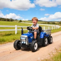 HOMCOM Traptractor kinderen elektrische kinderauto met aanhanger en afstandsbediening voor 3-6 Jaar Blauw(m-2)