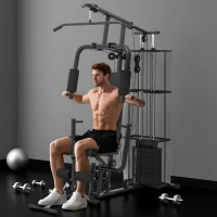 HOMCOM Gym Krachtstation Fitnessstation Multigym Fitnesscentrum Fitnessapparatuur incl. gewichten Latzug Beincurl Metaal PU-kunstleer zwart 150 x 110 x 210 cm(m-2)