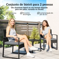 Outsunny Conjunto de Móveis de Exterior de 3 Peças em Vime PE com Cadeiras Mesa de Vidro Temperado e Almofadas Cinza Claro(m-4)