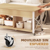 HOMCOM Mesa de Centro Elevable con Ruedas Mesa de Salón con Compartimento Oculto Estantes Abiertos Madera Natural y Blanco(m-5)