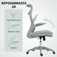 HOMCOM Silla de Oficina Ergonómica Giratoria de Malla con Soporte Lumbar Reposabrazos Abatibles Reposacabezas Basculante Gris(m-6)