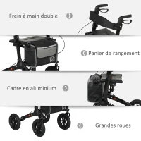 HOMCOM Déambulateur 4 roues pliable, rollator en aluminium léger, siège rembourré, dossier, poignée réglable, 69x64x98,5cm noir(m-8)