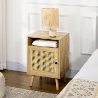 HOMCOM Table de chevet table de nuit avec placard porte cannage et niche design vintage 39 x 35 x 60 cm naturel(m-10)