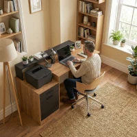 HOMCOM Computertisch mit Stauraum und Regalen, Moderner Schreibtisch für Büro und Arbeitszimmer, 140 cm, Eiche(m-9)