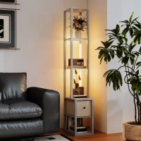 HOMCOM Floor Lamp with Shelves, LED Column Modern Standing Lamp with Fabric Drawer, Adjustable Brightness, Foot Switch for Living Room, Bedroom, Office, Grey(m-8)