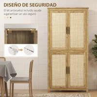 HOMCOM Alacena de Cocina con 4 Puertas de Ratán y Estantes Ajustables Estilo Bohemio Natural 80x33x162,6 cm(m-7)