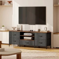 HOMCOM Meuble TV 140 cm, meuble télé 65 pouces, station de charge, 5 tiroirs en tissu, étagères ouvertes, 140x30x50cm, marron(m-8)