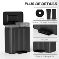 HOMCOM Poubelle à double compartiment 2 x 20L, poubelle de cuisine à pédale, seaux intérieurs amovibles, 45,5x36,5x51cm, noir(m-7)