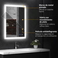 kleankin Espejo de Baño con Luces LED Regulable en 3 Colores 80x60 cm Función Antivaho Función de Memoria Interruptor Táctil(m-7)