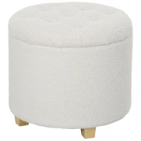 HOMCOM Puff Almacenaje Baúl de Almacenaje Redondo 40,5L 45x45x41 cm Tapizado en Borreguillo con Patas de Madera Blanco(m-10)