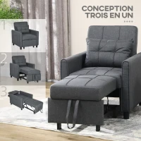 HOMCOM Fauteuil convertible 1 place 3 en 1 dossier réglable en 3 positions oreiller inclus 2 poches latérales 69x82x85cm gris(m-6)