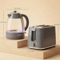 HOMCOM Kettle and Toaster Set, 1.7L 3000W Rapid Kettle with Limescale Filter, 2 Slice Toaster with 7 Browning Controls, Grey(m-3)