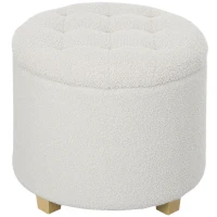 HOMCOM Puff Almacenaje Baúl de Almacenaje Redondo 40,5L 45x45x41 cm Tapizado en Borreguillo con Patas de Madera Blanco(m-9)