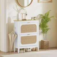 HOMCOM Meuble à chaussures 14 paires bohème avec 2 tiroirs rabattables, portes effet cannage rotin, 80 x 24 x 95,5 cm, blanc(m-10)