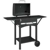 Outsunny Barbecue à charbon avec couvercle, fumoir BBQ avec 2 tables latérales, grande surface de cuisson, grille, thermomètre, roues(m-7)