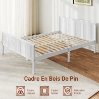 HOMCOM Cadre de lit 140 x 200 cm, lit simple en bois massif avec sommier à lattes tête et pied inclus, assemblage facile, blanc(m-4)