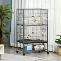 PawHut Cage à oiseaux sur pied volière oiseaux intérieur 4 perchoirs en bois et mangeoires fil d'acier gris foncé(m-10)