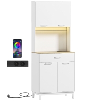HOMCOM Alacena de Cocina con Luces LED Estación de Carga 4 Puertas Cajón Encimera Abierta 71x40x180 cm Blanco