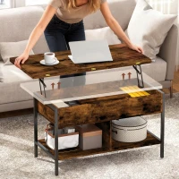 HOMCOM Table basse relevable et extensible, table de salon avec compartiment caché étagères ouvertes, 98x49x55cm, brun rustique(m-7)