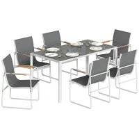 Outsunny Set masă și scaune pentru grădină cu masă din sticlă securizată și 6 scaune respirabile pentru terasă/patio Alb și Gri(m-7)