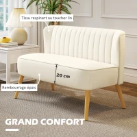 HOMCOM Canapé 2 places, canapé de salon en tissu aspect lin, assise rembourrée et pieds en bois d'hévéa, 117x56,5x77cm, crème(m-4)