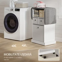 HOMCOM Dulap cu Masă de Călcat Pliabilă Economisire Spațiu, Multifuncțional cu 3 Sertare din Material Textil cu Aspect de In, Roți cu Frână, Raft Deschis, pentru Spălătorie și Baie, 121x37x89.5 cm, Alb(m-7)
