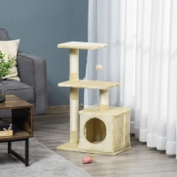 PawHut Arbre à chat tour de jeux pour chats poteaux en sisal, 2 plate-forme, niche, balle, tissu peluche, 50x30x81,5cm, beige(m-10)