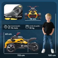 AIYAPLAY Quad électrique enfants voiture électrique enfants 12V 3 roues 2 moteurs lecteur MP3, klaxon, 2 vitesses 3-5 km/h jaune(m-3)