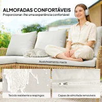 Outsunny Conjunto de Jardim Exterior em Vime com 1 Sofá de 2 Lugares 1 Chaise Longue e 1 Mesa de Centro com Tampo de Vidro Creme(m-6)