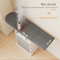 HOMCOM Dulap cu Masă de Călcat Pliabilă Economisire Spațiu, Multifuncțional cu 3 Sertare din Material Textil cu Aspect de In, Roți cu Frână, Raft Deschis, pentru Spălătorie și Baie, 121x37x89.5 cm, Alb(m-4)