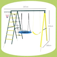 Outsunny Baloiço Infantil 4 em 1 com Baloiço Ninho e Individual Rede de Escalada Cesto de Basquetebol Escada Amarelo(m-3)